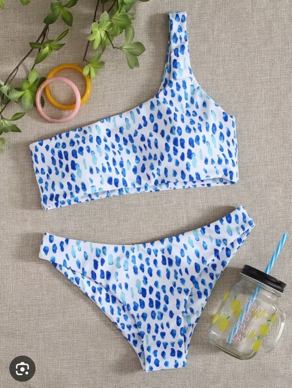 One-Shoulder Blue Dalamation Print Watercolor Spot Bikini Set Large Never Worn